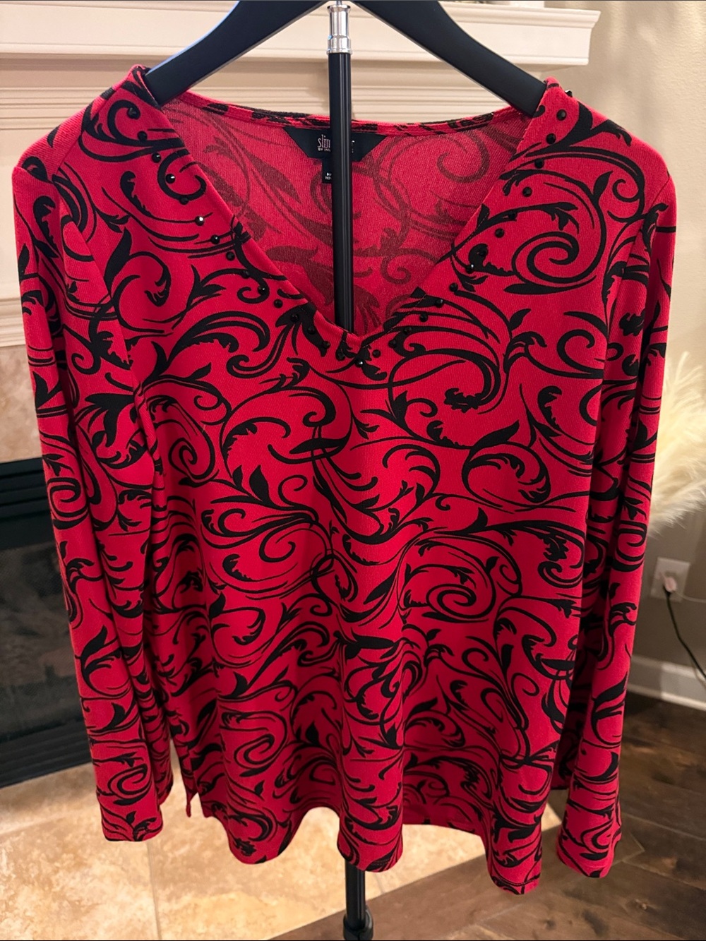 Investments Red Long Sleeve V-Neck Top with Black Scroll Print and Stud Accents